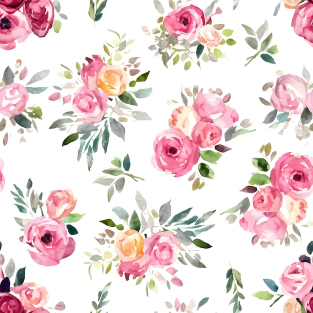 Padrão perfeito com rosas aquarela rosa flores da primavera e folhas de fundo padrão floral