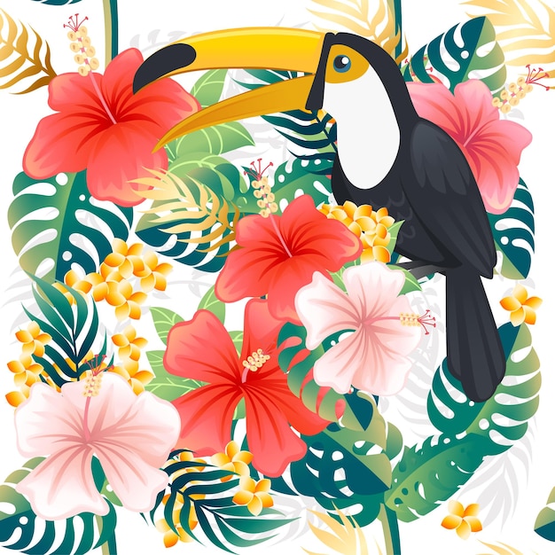 Padrão perfeito com tucano de pássaro tropical com folhas tropicais verdes e flores vermelhas cor-de-rosa desenho de animais de desenho animado ilustração vetorial plana em fundo branco