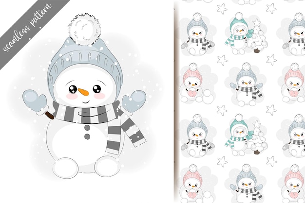 Padrão perfeito com uma ilustração vetorial de boneco de neve fofo