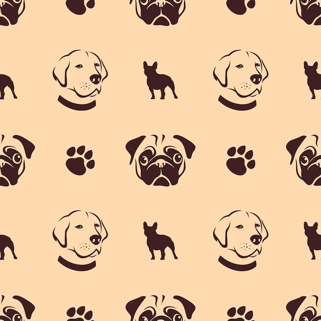 Padrão perfeito composto de pugs fofos e labradores como papel de parede, design de capa ou plano de fundo.