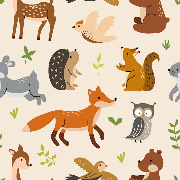 Padrão perfeito de animais e pássaros bonitos da floresta com elementos naturais Ilustração vetorial para nu