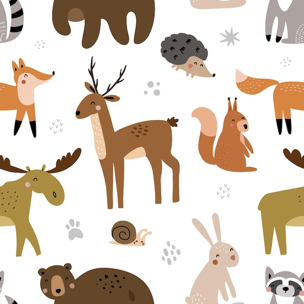 Padrão perfeito de animais fofos da floresta Ilustração vetorial para decoração de bebês e têxteis