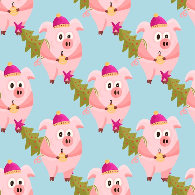 Padrão perfeito de ano novo 2019 com porcos rosa planos de desenho de natal