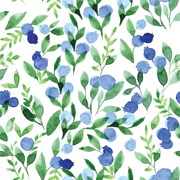 padrão perfeito de aquarela com mirtilos azuis e folhas verdes em um fundo branco. simples
