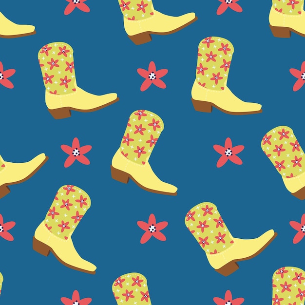 Padrão perfeito de botas de cowboy de desenho animado com flores fofas no rodeio azul do oeste selvagem