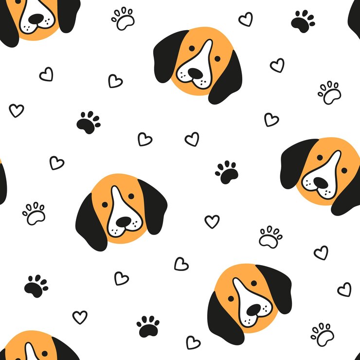 Padrão perfeito de cães com rosto de Beagle Textura com cabeças de cachorro Ilustração vetorial desenhada à mão em estilo doodle em fundo branco