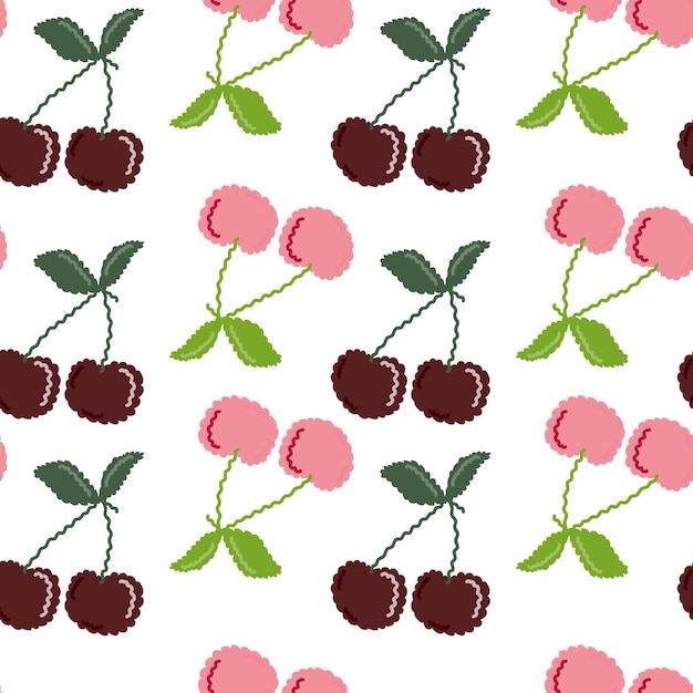 Padrão perfeito de cereja fofa papel de parede de cerejas desenhadas à mão design para impressão de tecido têxtil papel de embrulho cobertura de têxteis de cozinha ilustração vetorial simples