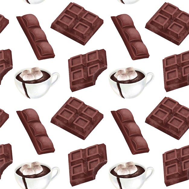 Padrão perfeito de chocolate quente com marshmallow e barra de chocolate