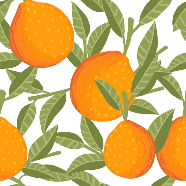 Padrão perfeito de citrinos laranja inteiros com folhas verdes ilustração vetorial plana sobre fundo branco