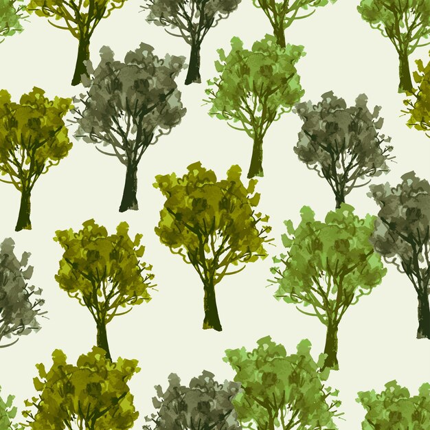 Vetor padrão perfeito de desenhos em aquarela de árvores de folha caduca abstratas na floresta de verão
