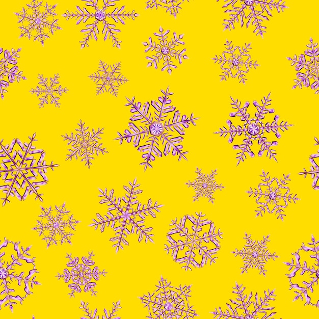 Padrão perfeito de flocos de neve de Natal complexos em cores roxas em fundo amarelo