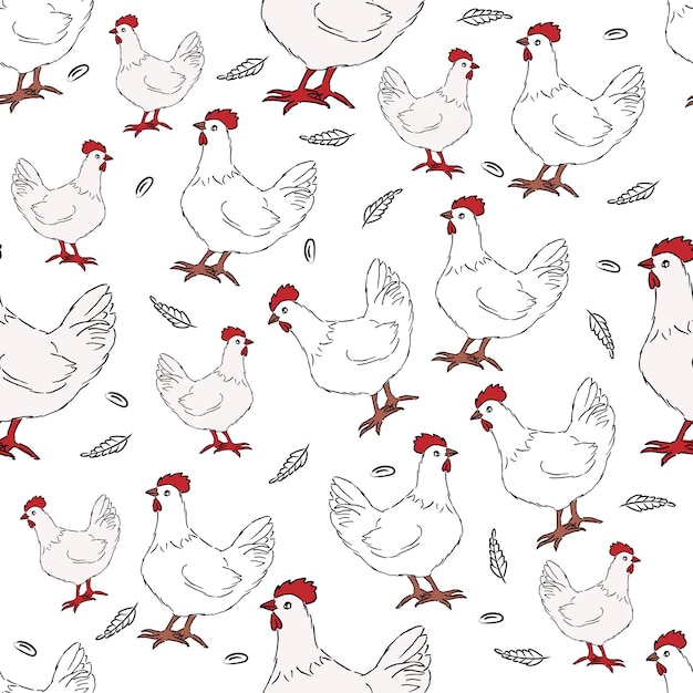 Padrão perfeito de frango branco de desenho bonito Galinha ambulante Tema de animais de fazenda Ilustração vetorial plana em fundo branco