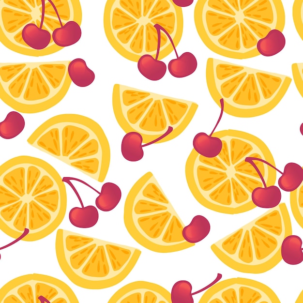 Padrão perfeito de frutas cítricas laranja cortadas ao meio e fatiadas com ilustração vetorial plana de cerejas vermelhas em fundo branco