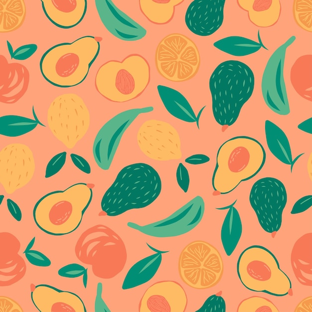 Padrão perfeito de frutas exóticas em estilo desenhado à mão Fundo de repetição vetorial para tecido colorido de verão Cartaz de frutas com banana, limão, pêssego e abacate