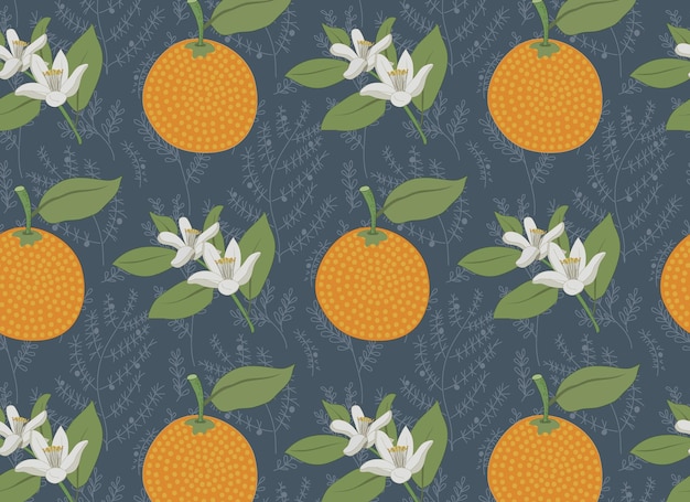 Padrão perfeito de frutas laranja e flores em plano de fundo texturizado botânico cinza