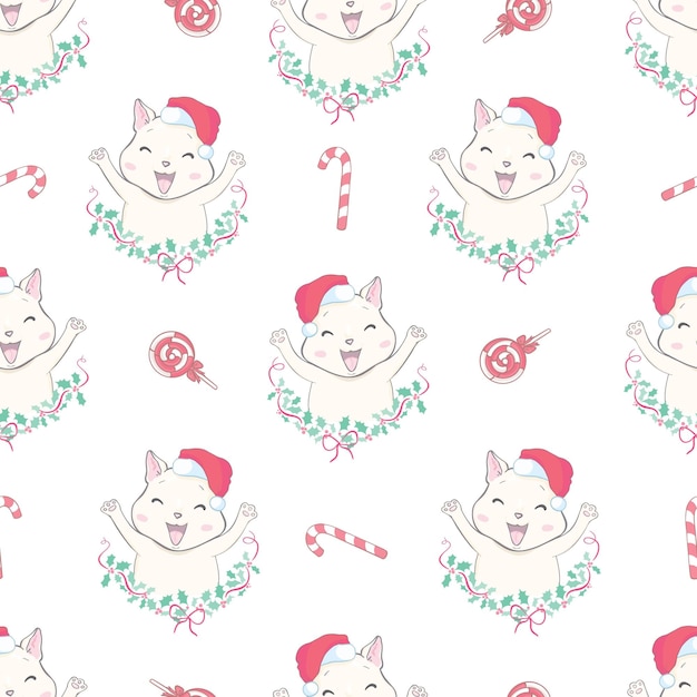 Padrão perfeito de gato vetor de natal chapéu de papai noel desenho de gatinho de natal isolado fundo de azulejos repetir ilustração de papel de parede