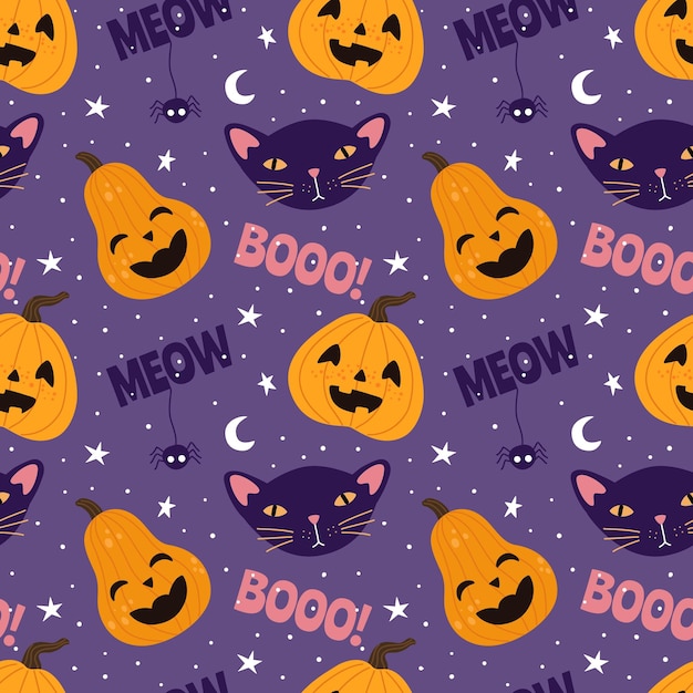 Vetor padrão perfeito de halloween com gato fofo, abóbora e aranha. boo e miau texto.