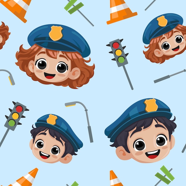 Padrão perfeito de ilustração de garoto policial vetor de desenhos animados de garotas e garotos policiais