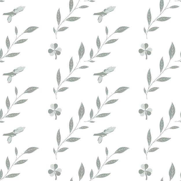 Padrão perfeito de ilustração vetorial com folhas galhos flores em verde sobre fundo branco