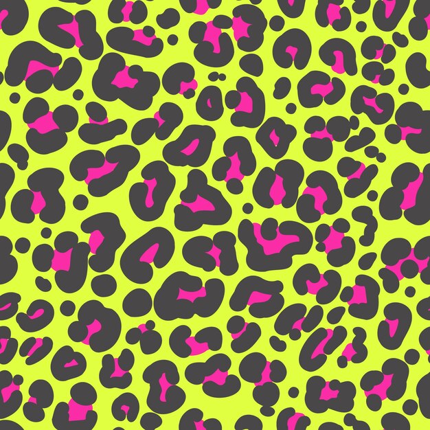 Vetor padrão perfeito de impressão de leopardo pele de chita neon manchas pretas e rosa em fundo amarelo brilhante
