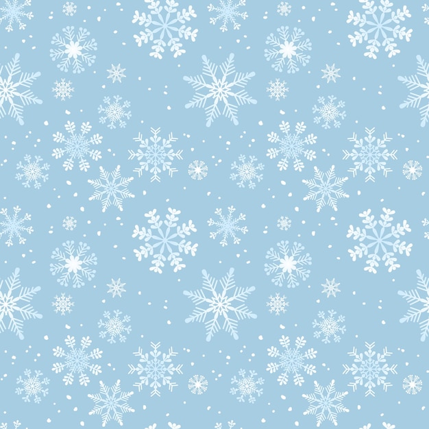 Padrão perfeito de inverno com flocos de neve brancos sobre um fundo azul