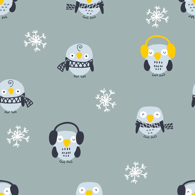 Padrão perfeito de inverno desenhado à mão com corujas e flocos de neve Perfeito para têxteis de camiseta e estampas Ilustração vetorial de estilo de desenho animado para decoração e design