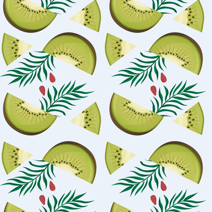 Vetor padrão perfeito de kiwi kiwi em estilo cartoon pano de fundo repetido fruta inteira e metade cortada modelo de comida para papel de parede de papel de embrulho têxtil de fundo