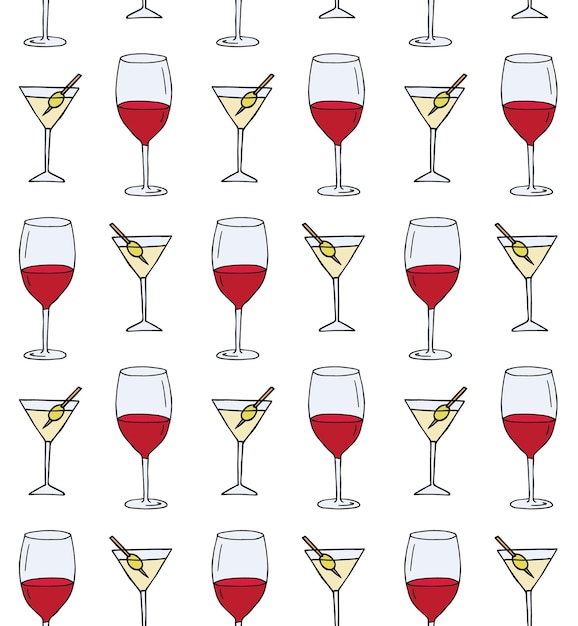 Padrão perfeito de martini desenhado à mão e copo de vinho