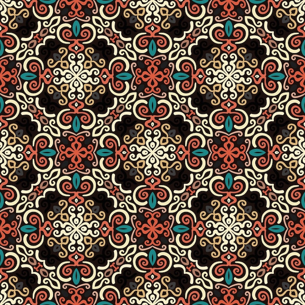 padrão perfeito de motivos florais coloridos em um fundo preto.