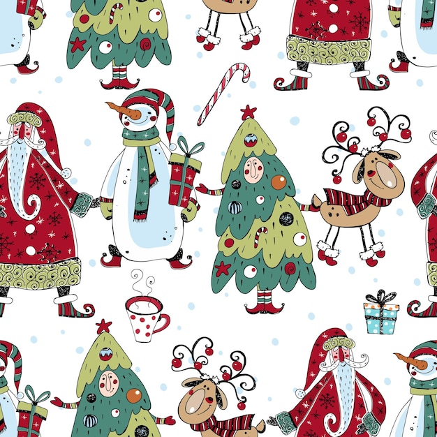 Padrão perfeito de natal com boneco de neve do papai noel e árvore de natal estilo doodle vector