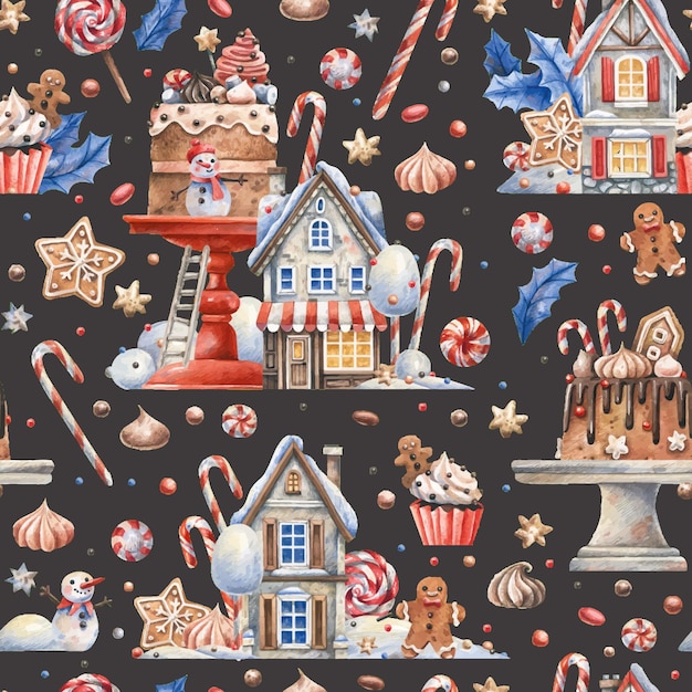 Padrão perfeito de natal com doces e casas aconchegantes cobertas de neve sobre fundo de chocolate