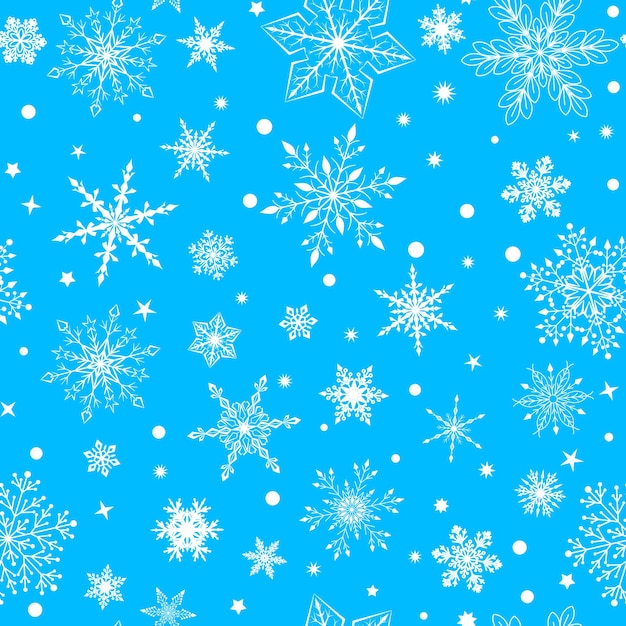 Padrão perfeito de natal com vários flocos de neve grandes e pequenos complexos brancos sobre fundo azul