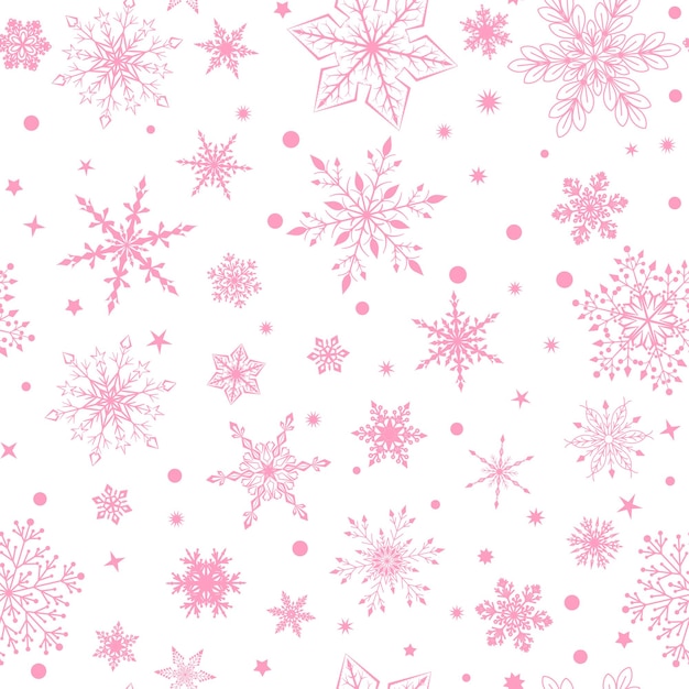 Padrão perfeito de natal com vários flocos de neve grandes e pequenos complexos rosa sobre fundo branco