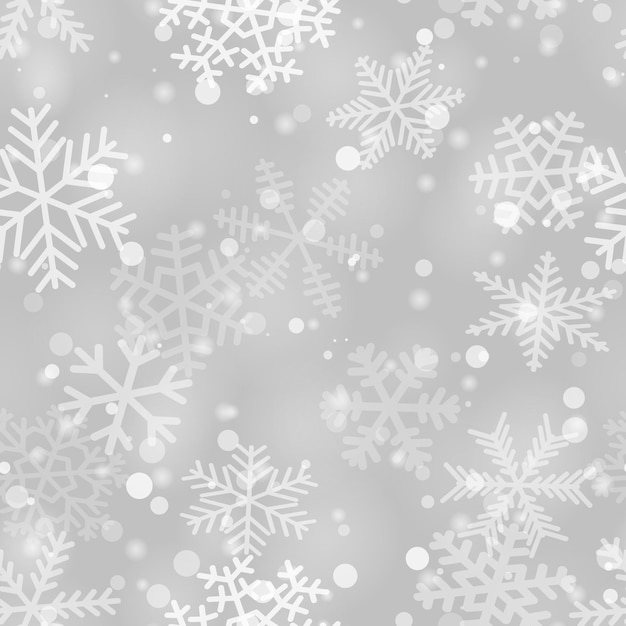 Padrão perfeito de Natal de flocos de neve de diferentes tamanhos de formas e transparência em cores cinzentas