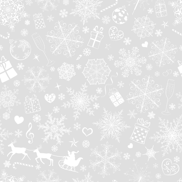 Padrão perfeito de Natal de flocos de neve grandes e pequenos e vários símbolos de Natal brancos em cinza
