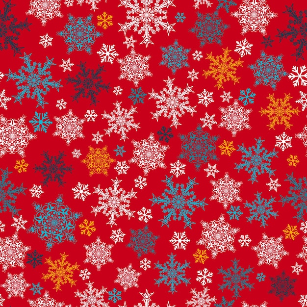 Padrão perfeito de natal de grandes e pequenos flocos de neve multicoloridos em vermelho