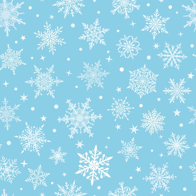Padrão perfeito de Natal de lindos flocos de neve complexos em cores azul claro e branco Fundo de inverno com neve caindo