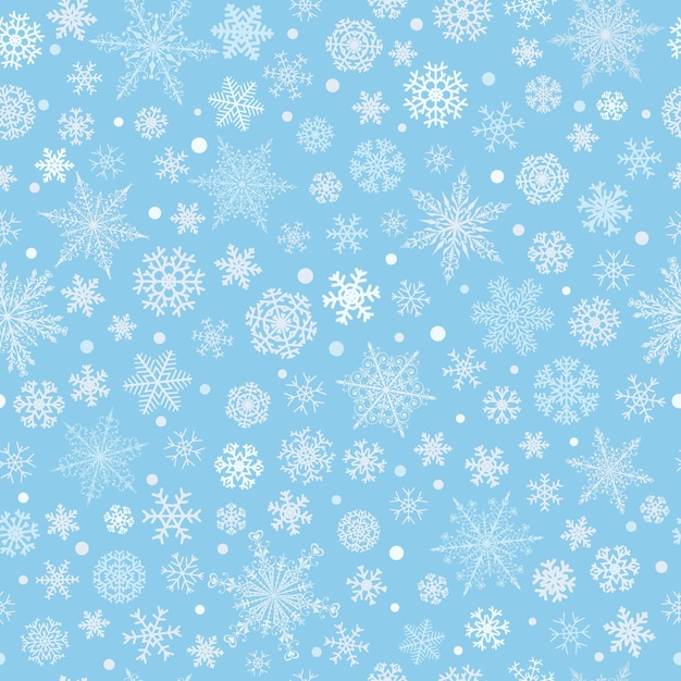 Padrão perfeito de Natal de vários flocos de neve complexos, grandes e pequenos, brancos sobre fundo azul claro