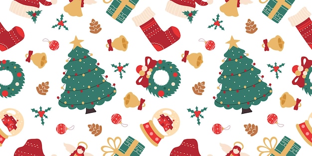 Padrão perfeito de Natal e Ano Novo com símbolos de feriado envolvendo textura de fundo de papel