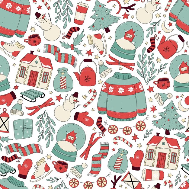 padrão perfeito de natal e inverno com rabiscos desenhados à mão para embrulho, papel de parede, estampas