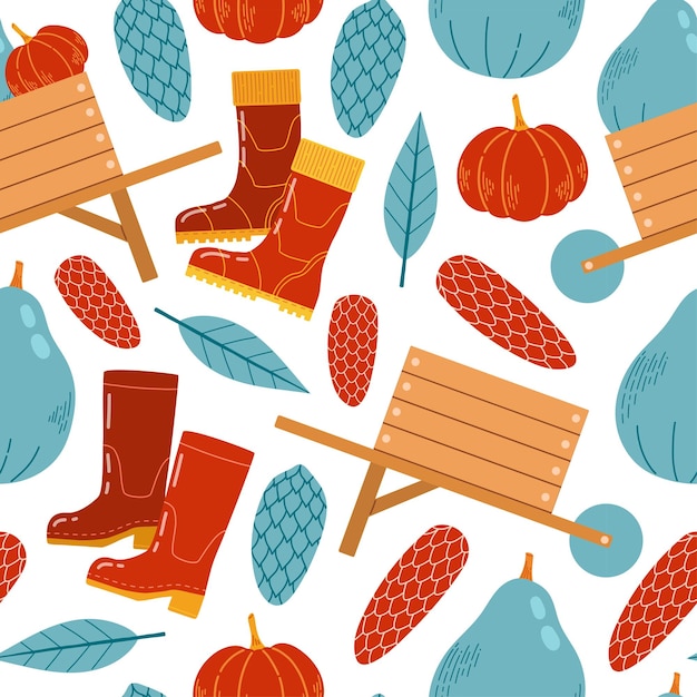 Padrão perfeito de outono com folhas de abóboras de rodas e galhos ilustração vetorial