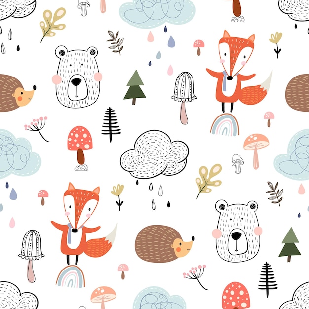 Padrão perfeito de outono, design de fundo infantil fofo com animais da floresta, vegetação sazonal