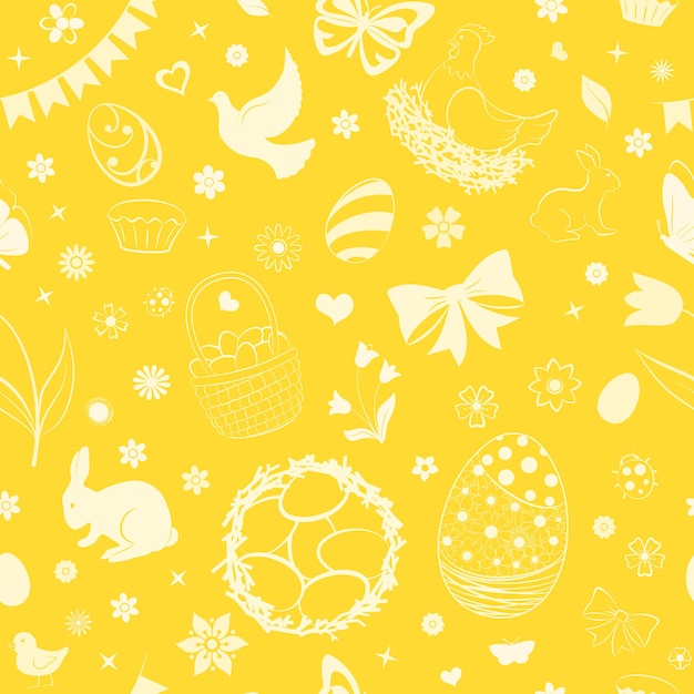 Padrão perfeito de ovos flores bolos lebre galinha e outros símbolos da páscoa em cores amarelas