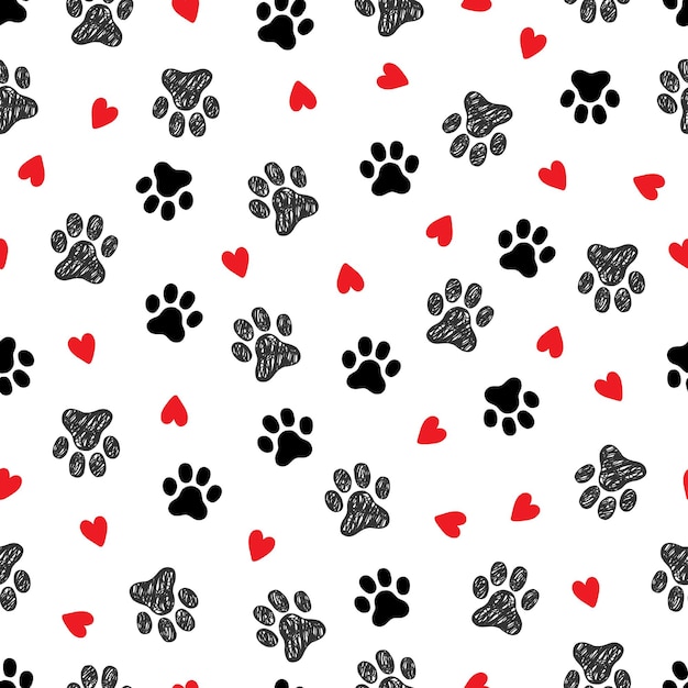 Padrão perfeito de pegada de animal de estimação Fundo de pegada de gato de animal de estimação com coração Cachorrinho valentine textura doodle papel de parede