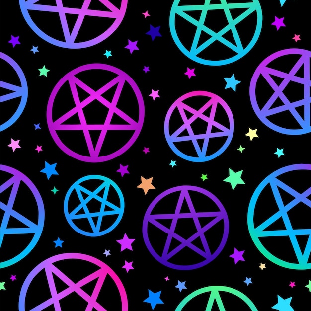 Padrão perfeito de pentagramas de neon em fundo preto