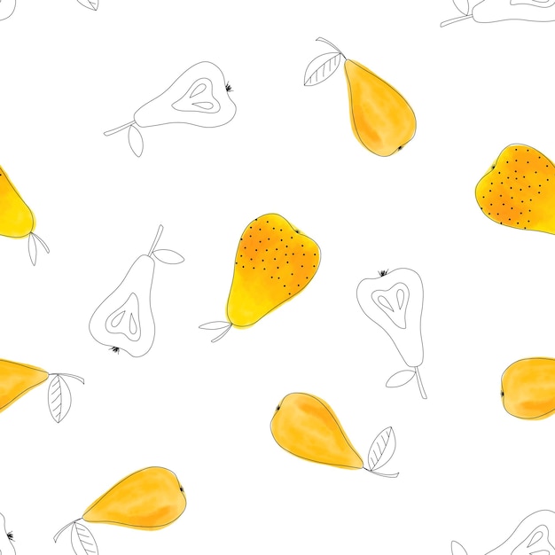 Padrão perfeito de pera aquarela em fundo branco papel de parede de frutas de verão doodle bonito design de vetor de textura moderna para capas de vestuário de tecido papel de embrulho têxtil de scrapbooking