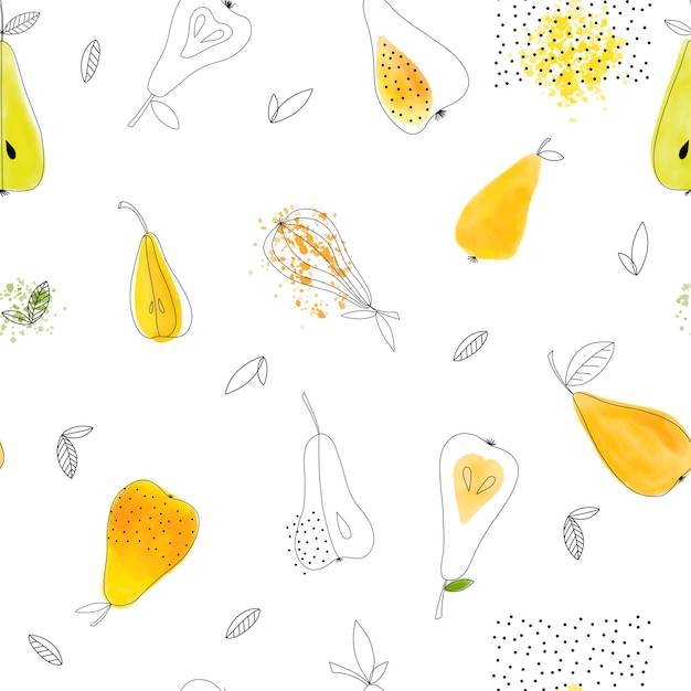 Padrão perfeito de pera aquarela em fundo branco Papel de parede de frutas de verão doodle bonito Design de vetor de textura moderna para capas de vestuário de tecido papel de embrulho têxtil de scrapbooking