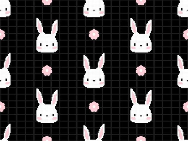 Padrão perfeito de personagem de desenho animado de coelho em fundo preto Estilo de pixel