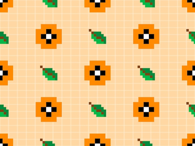 Padrão perfeito de personagem de desenho animado de flores em fundo laranja Estilo de pixel