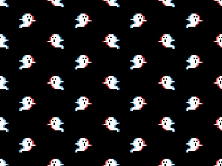 Padrão perfeito de personagem de desenho animado fantasma em fundo preto Estilo de pixel